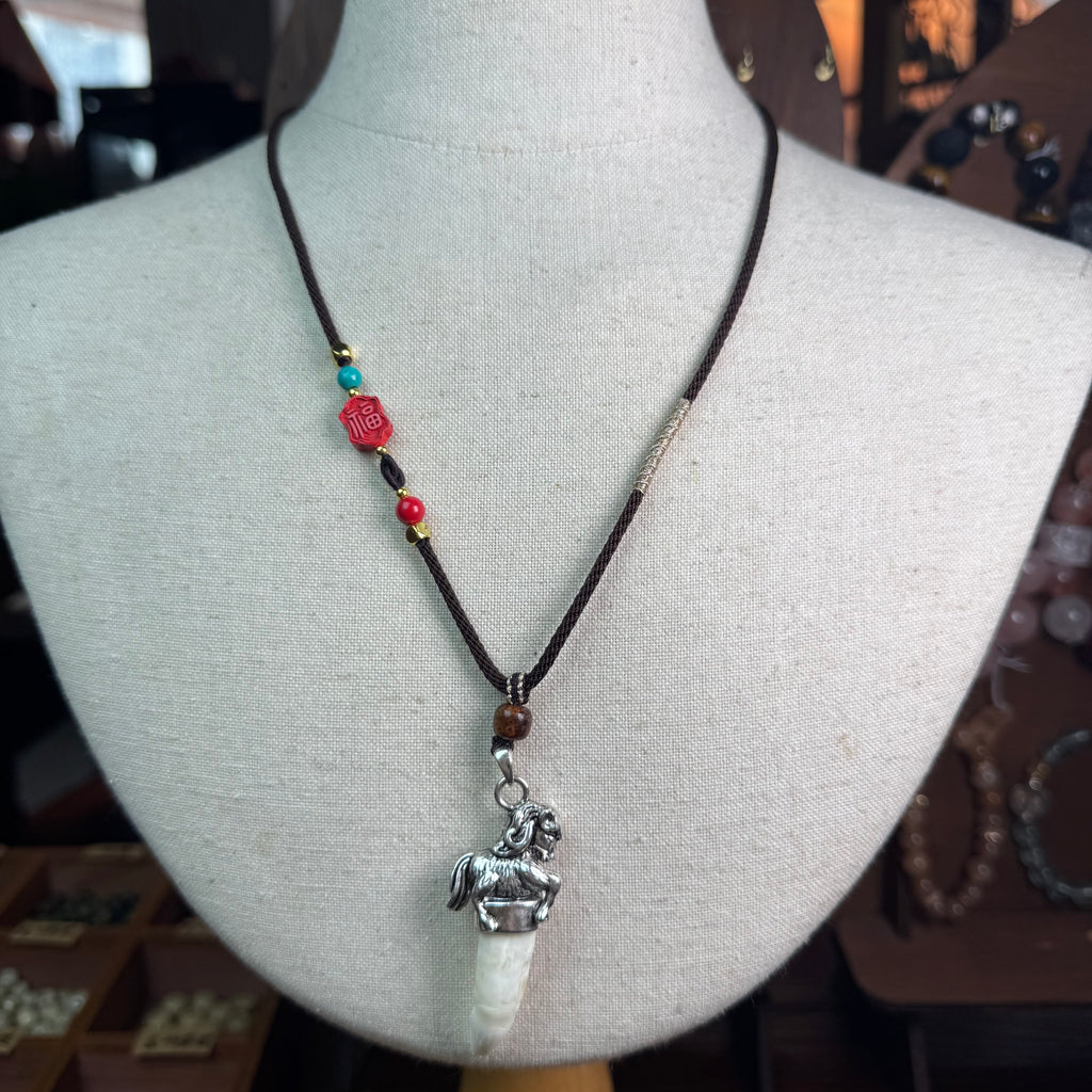 Silver Horse Zodiac Crocodile Tooth Necklace | Dark Brown Wax Cord