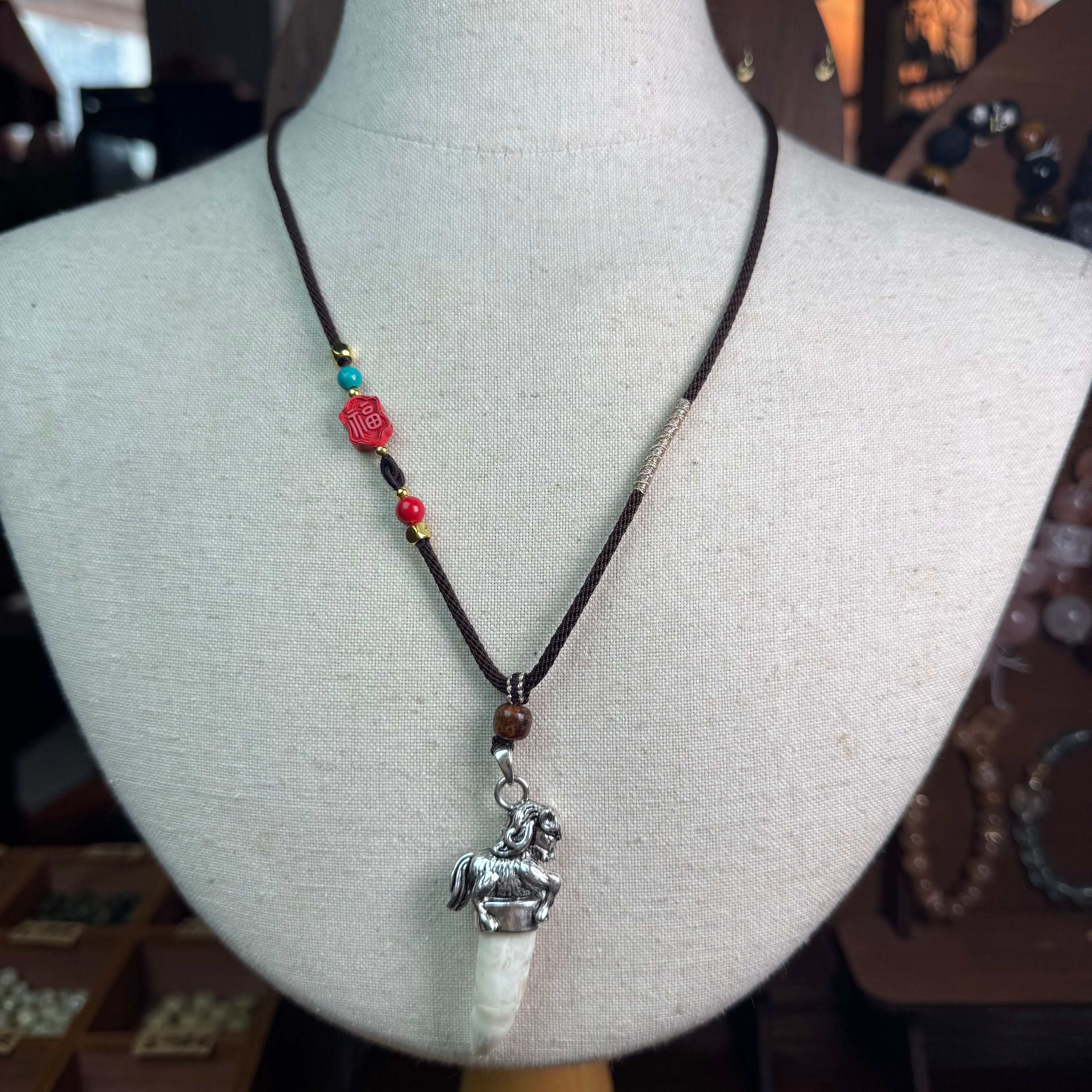 Silver Horse Zodiac Crocodile Tooth Necklace | Dark Brown Wax Cord