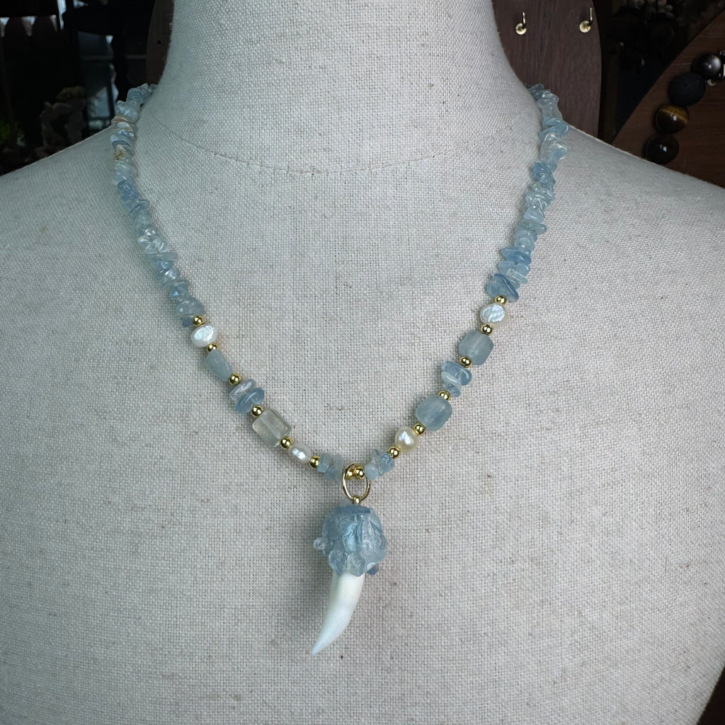 Seed Bead Crocodile Tooth Necklace | Blue Rhinestone Claw Cap