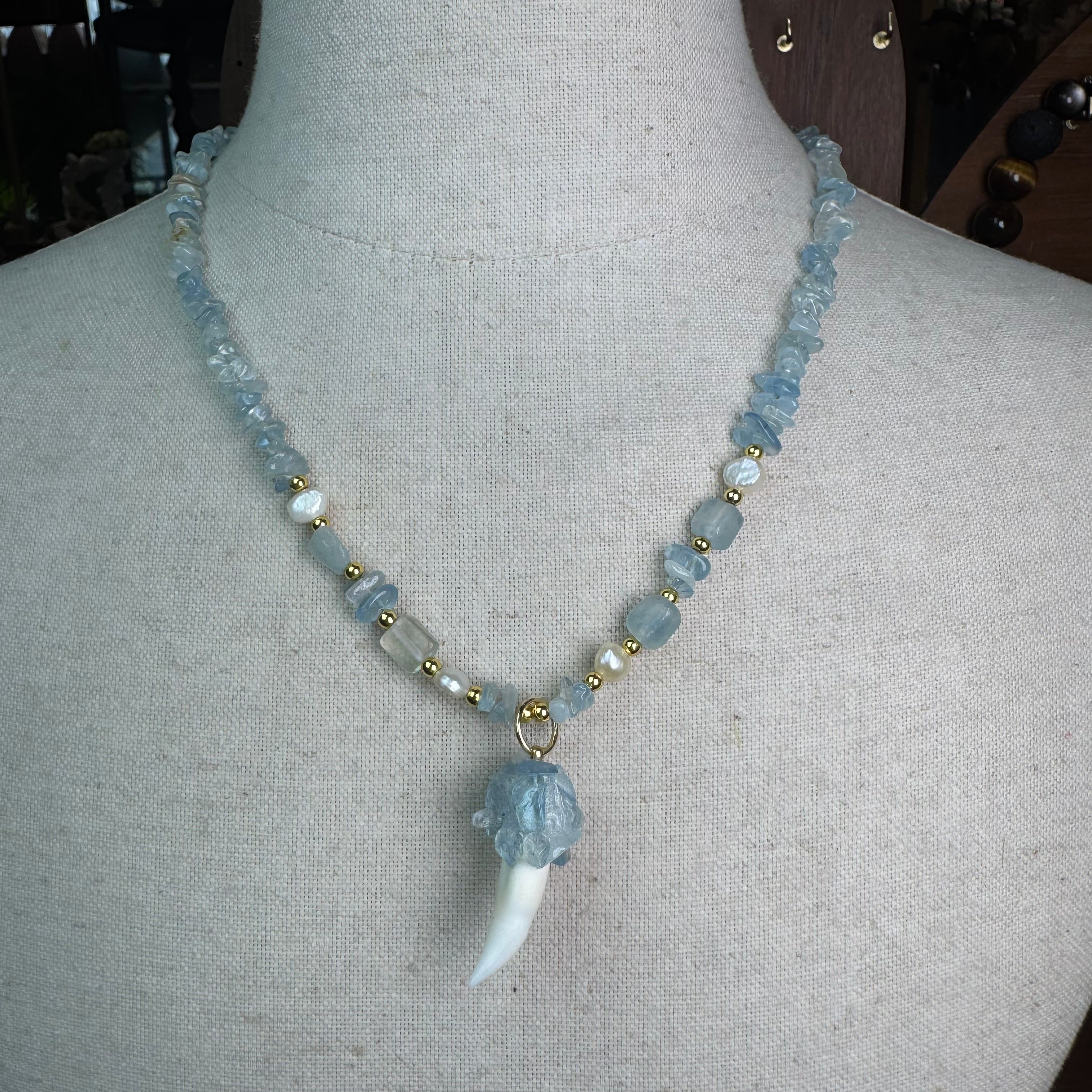 Seed Bead Crocodile Tooth Necklace | Blue Rhinestone Claw Cap