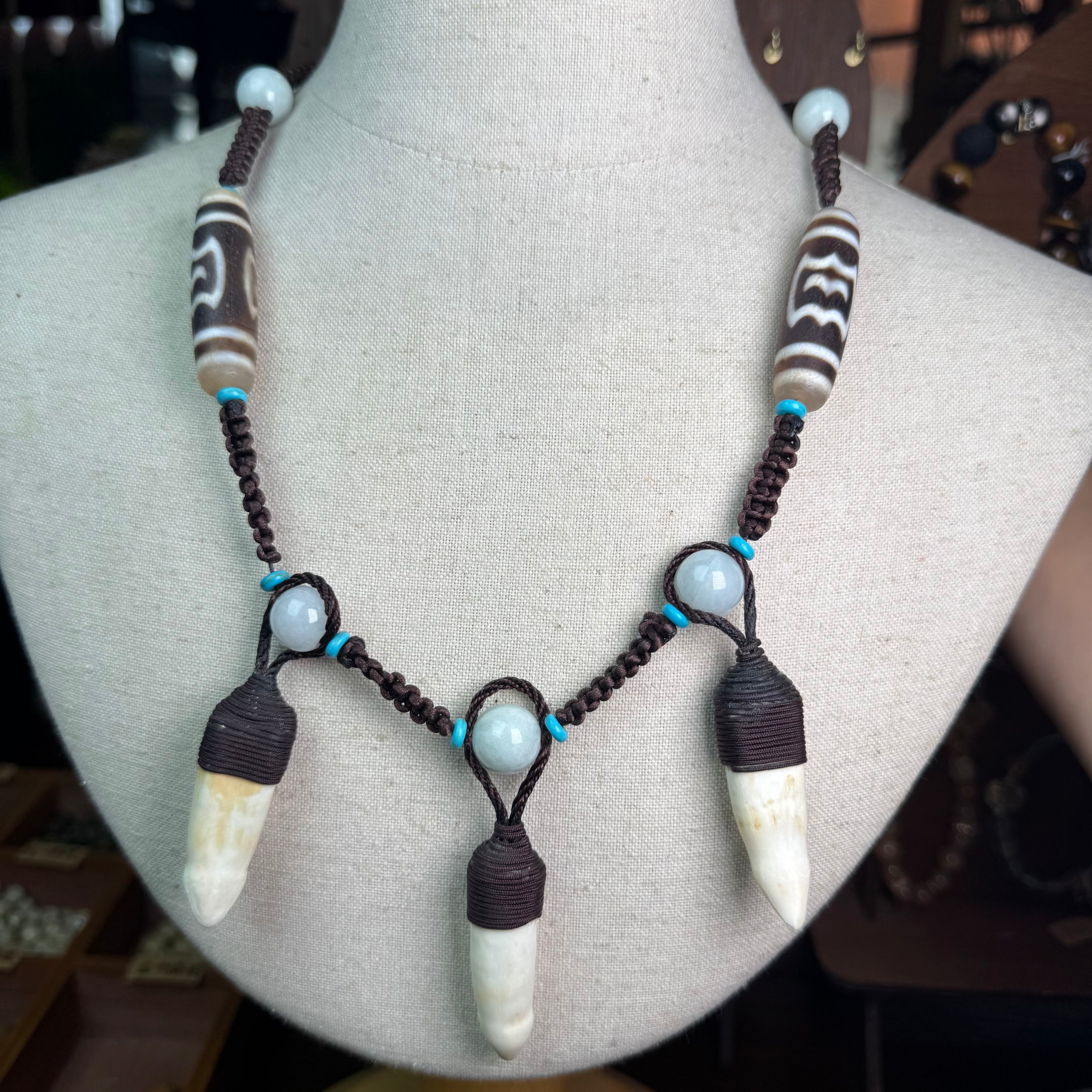 Triple Crocodile Tooth Necklace | Dzi Bead Macrame Cord