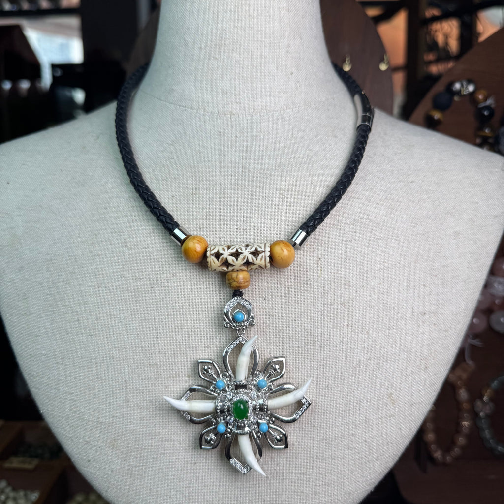 Jade Mandala Crocodile Tooth Necklace | Black Braided Leather Cord