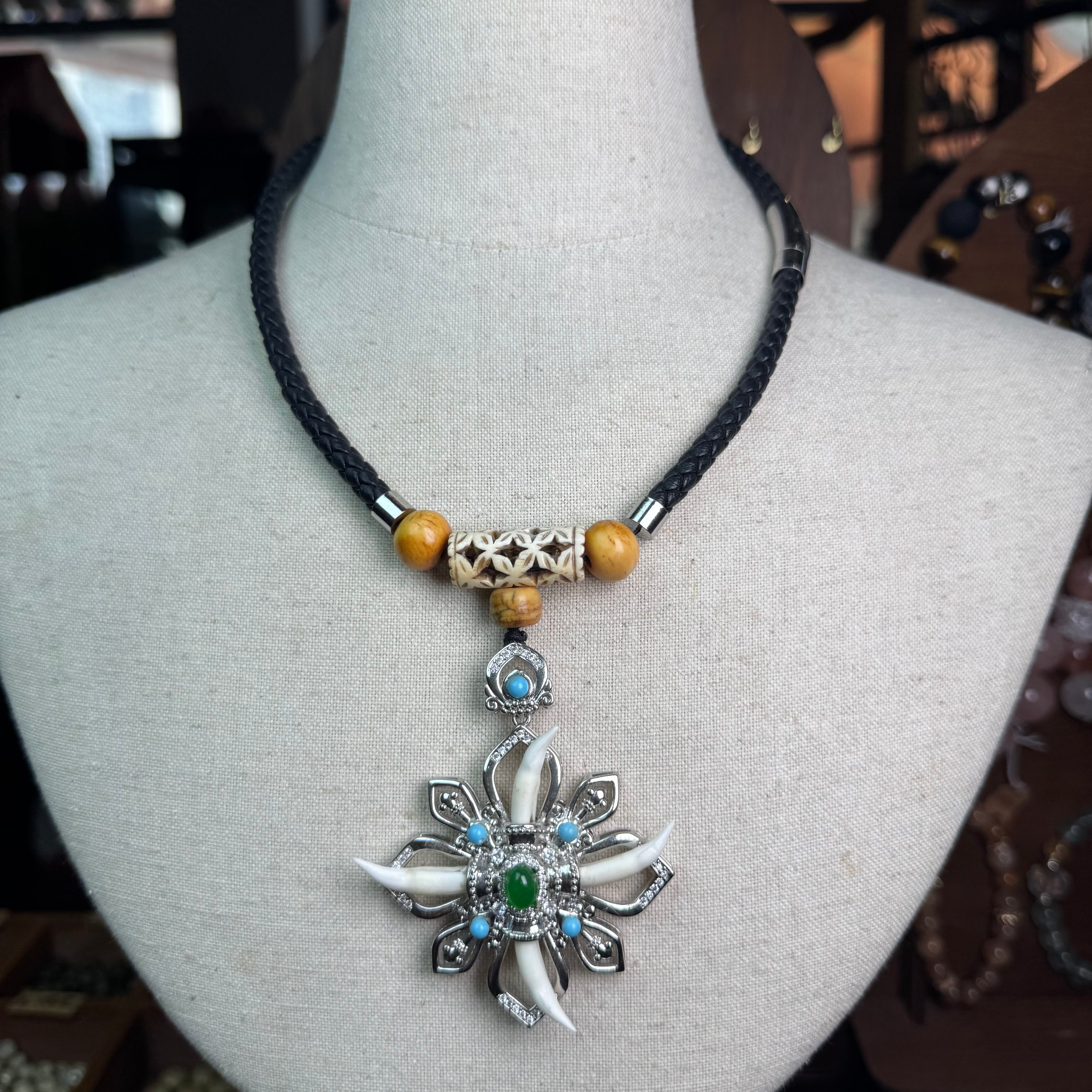 Jade Mandala Crocodile Tooth Necklace | Black Braided Leather Cord