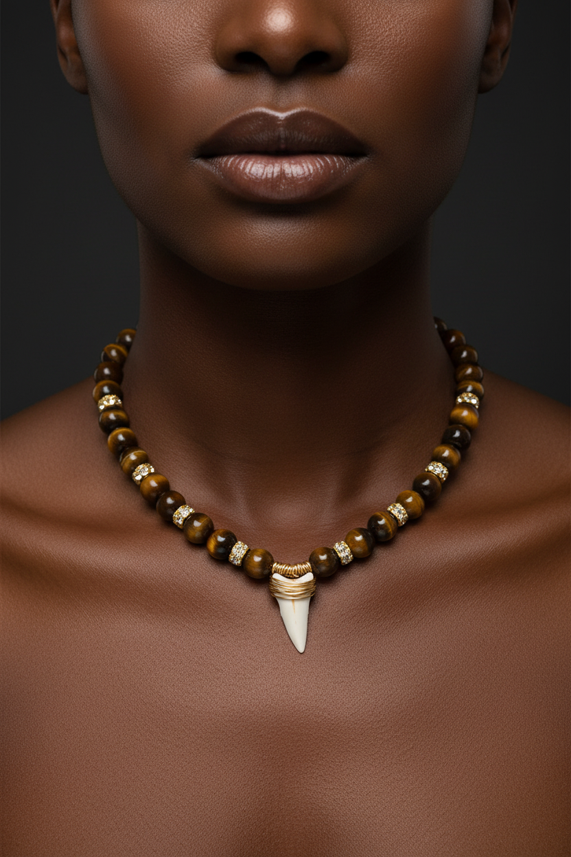 Gold Wire Crocodile Tooth Tiger Eye Necklace - Black Model