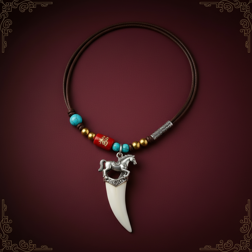 Silver Horse Zodiac Crocodile Tooth Necklace - Cover