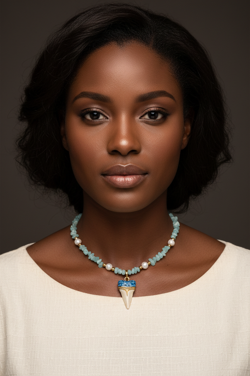 Aquamarine Crocodile Tooth Necklace - Black Model