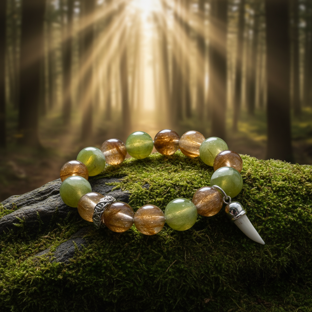 The Forest Sentinel Bracelet on mossy forest stone background
