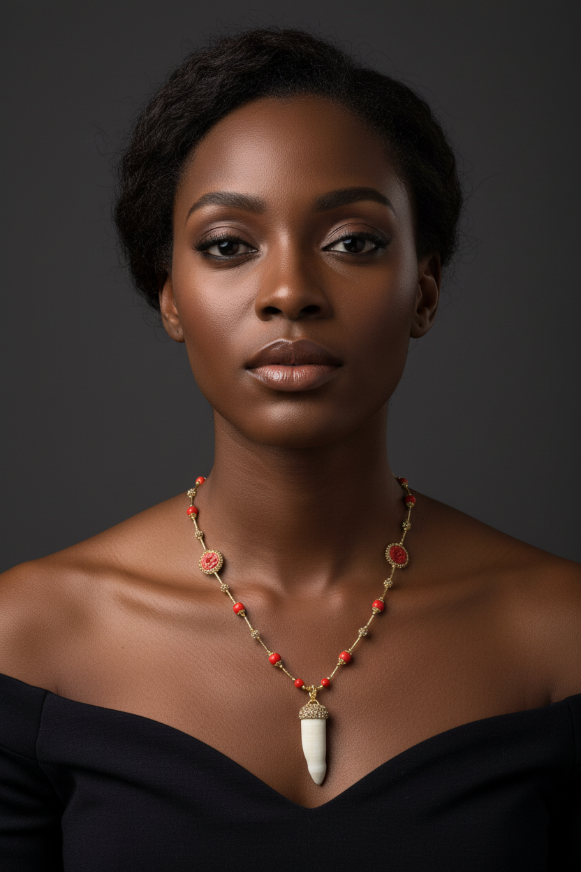 Gold Mushroom Cap Crocodile Tooth Necklace - Black Model