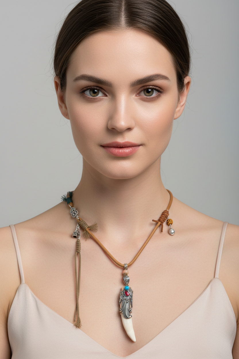 Silver Filigree Crocodile Tooth Necklace - White Model
