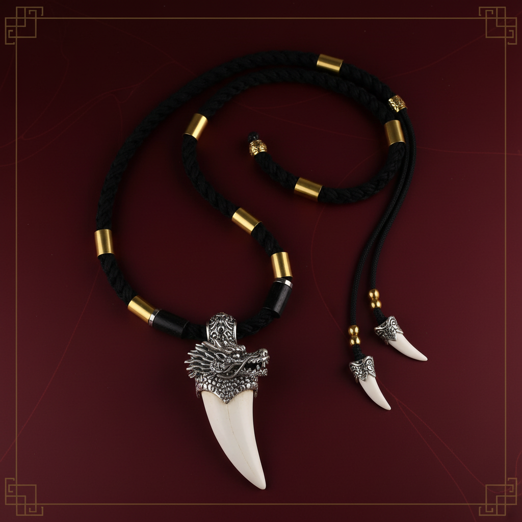 Dragon Fang Crocodile Tooth Necklace - Black Braided Rope