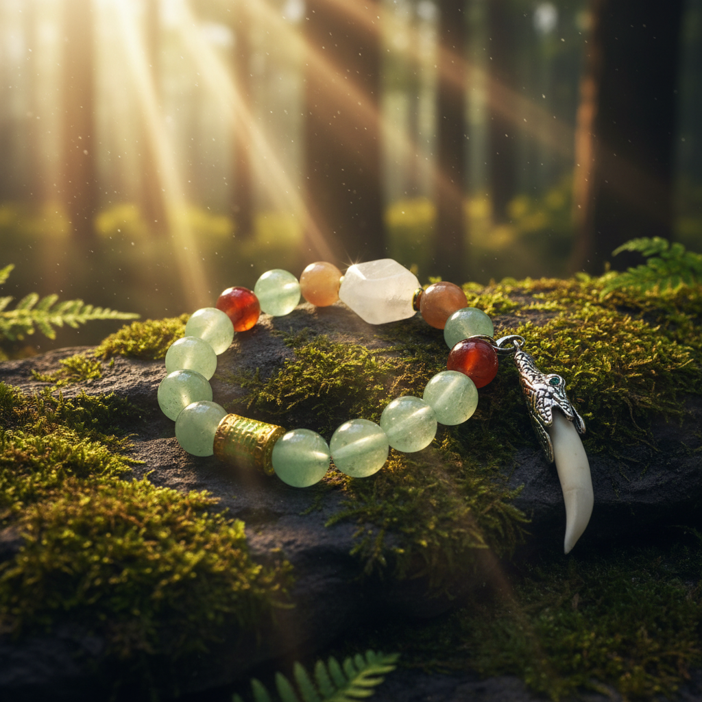 The Dragon Wood Bracelet on mossy forest stone background