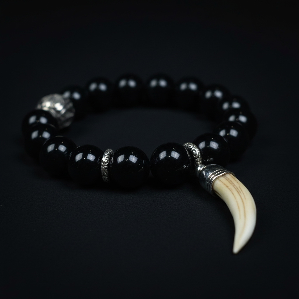 Black obsidian and crocodile tooth detail close-up