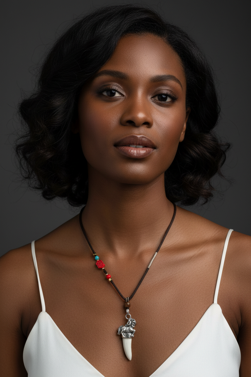 Silver Horse Zodiac Crocodile Tooth Necklace - Black Model