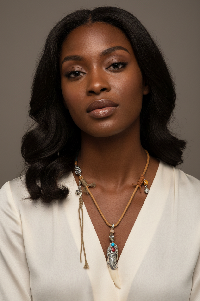 Silver Filigree Crocodile Tooth Necklace - Black Model