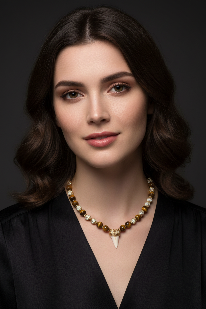 Gold Wire Crocodile Tooth Tiger Eye Necklace - White Model