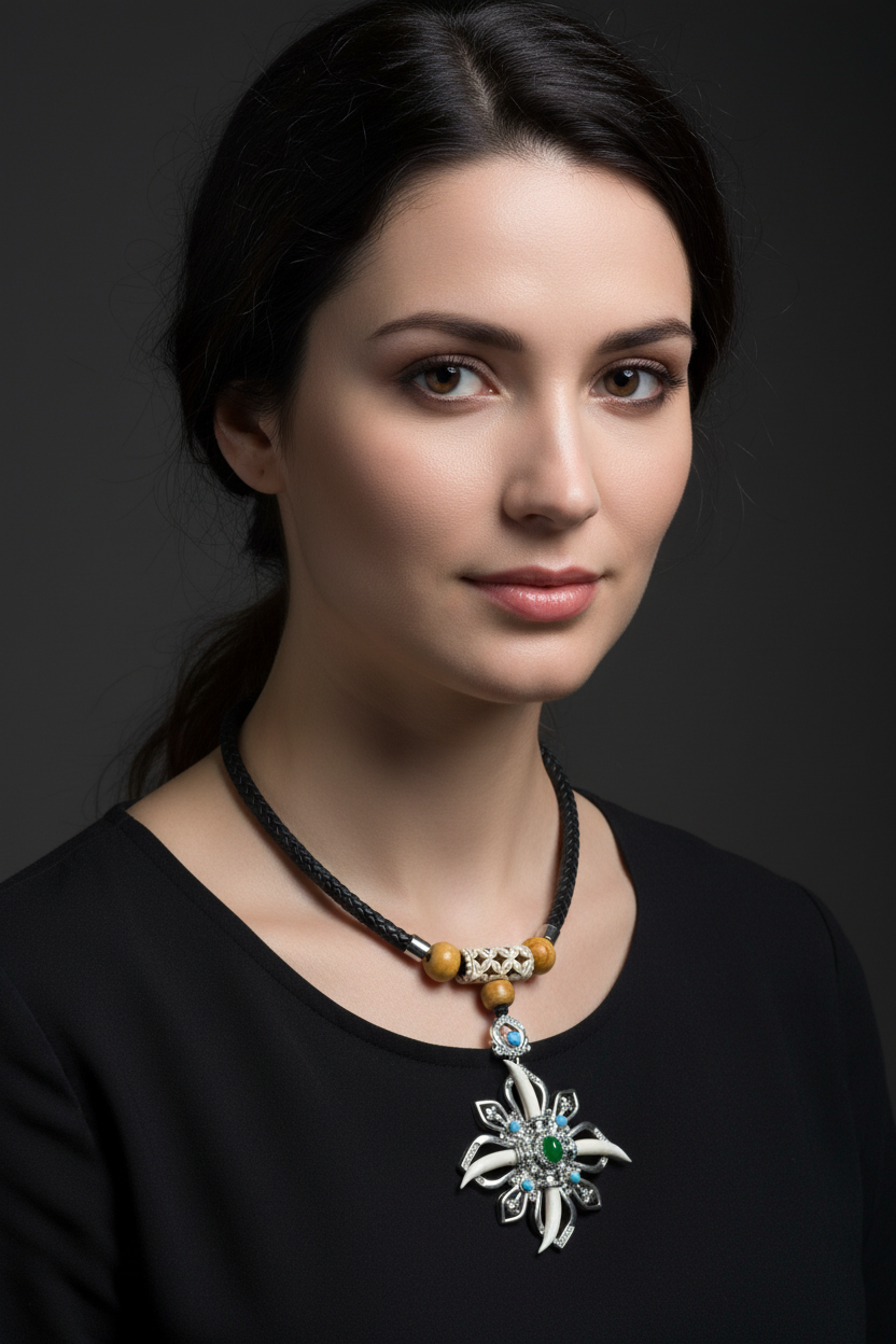 Jade Mandala Crocodile Tooth Necklace - White Model