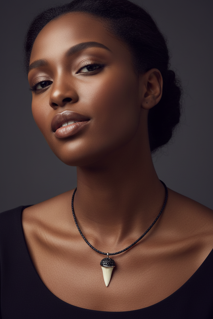 Black Dome Crocodile Tooth Necklace - Black Model