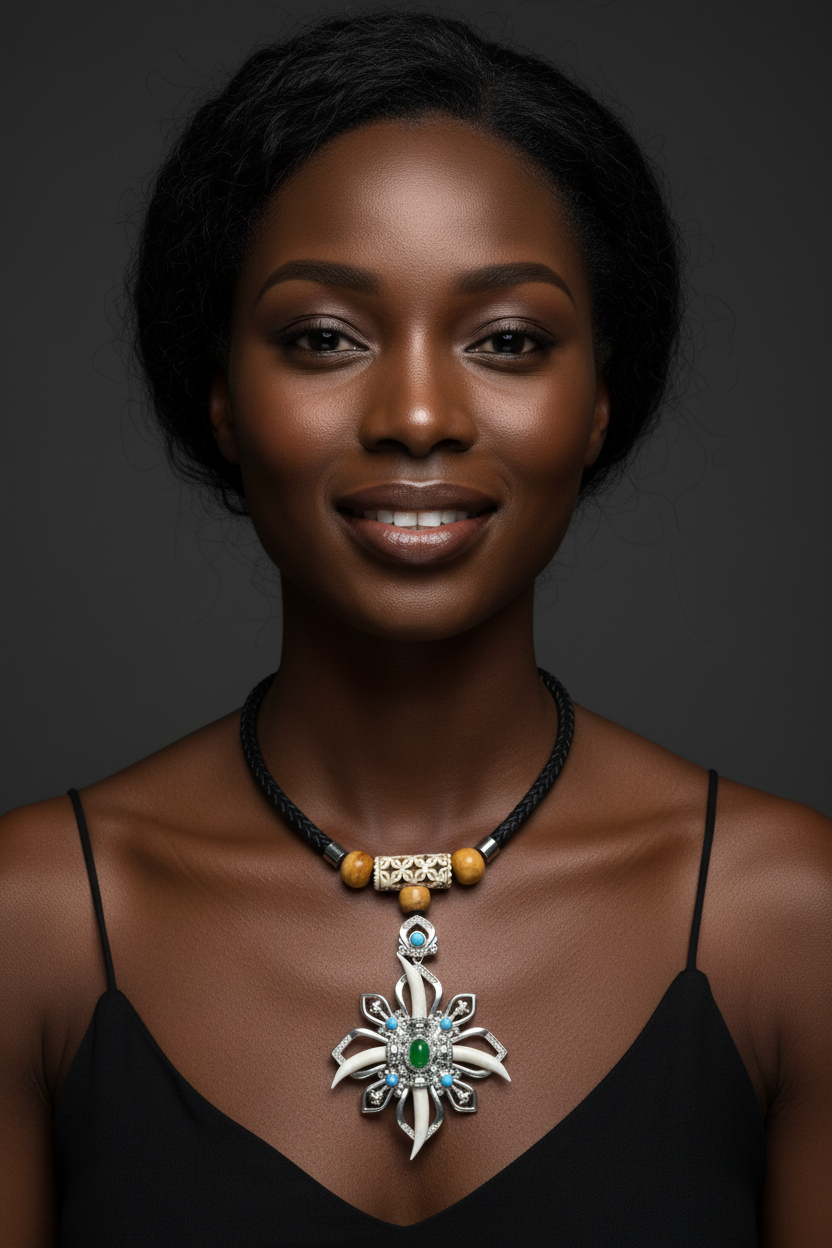Jade Mandala Crocodile Tooth Necklace - Black Model