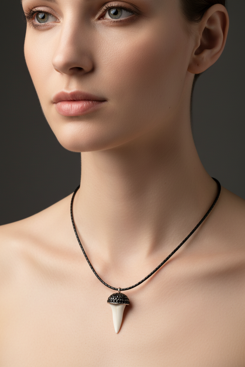 Black Dome Crocodile Tooth Necklace - White Model
