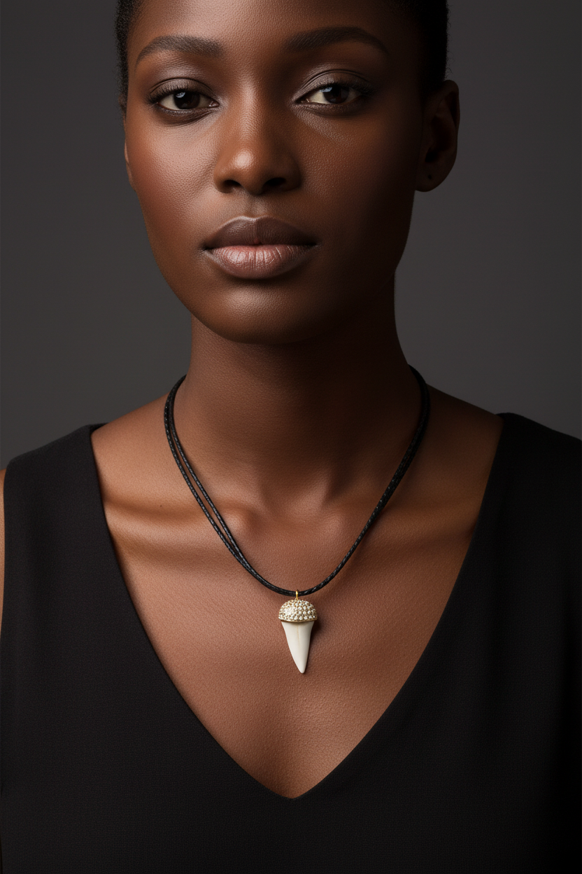 Gold Dome Crocodile Tooth Necklace - Black Model
