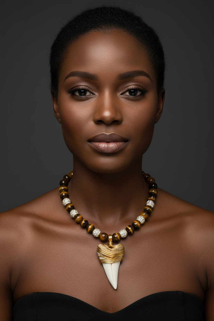 Gold Wire Crocodile Tooth Tiger Eye Necklace - Black Model