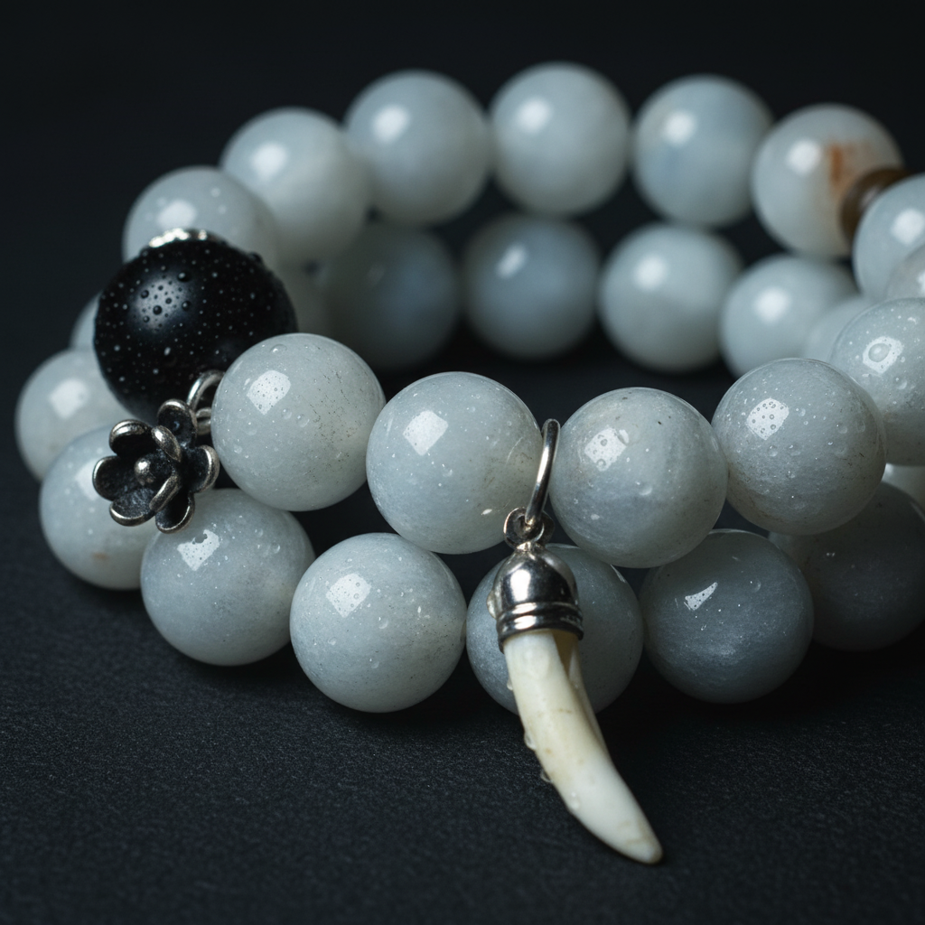 Moonstone and crocodile tooth detail close-up