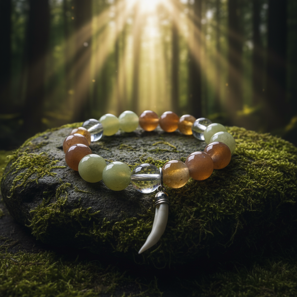 The Wood Wanderer Bracelet on mossy forest stone background