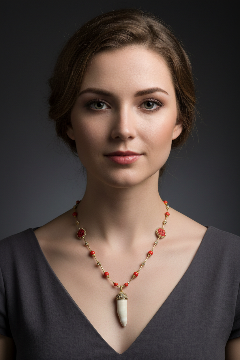 Gold Mushroom Cap Crocodile Tooth Necklace - White Model