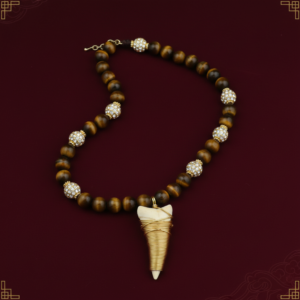 Gold Wire Crocodile Tooth Tiger Eye Necklace - Cover