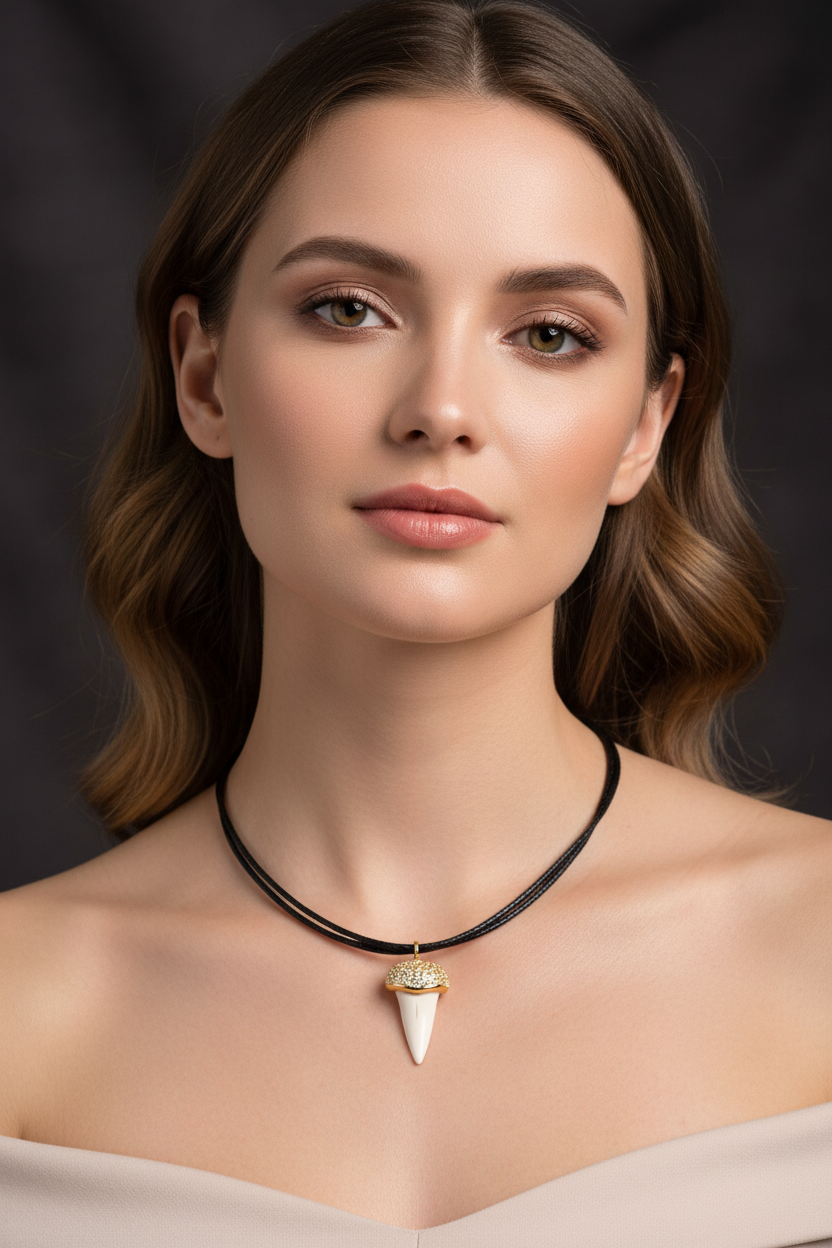 Gold Dome Crocodile Tooth Necklace - White Model
