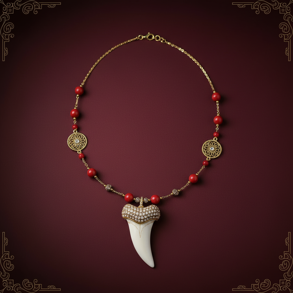 Gold Mushroom Cap Crocodile Tooth Necklace - Cover