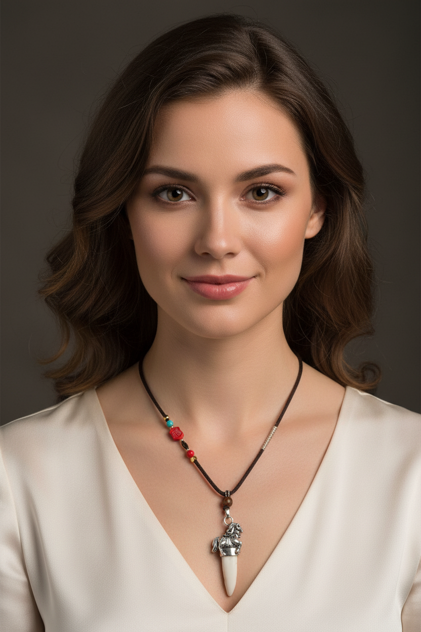 Silver Horse Zodiac Crocodile Tooth Necklace - White Model
